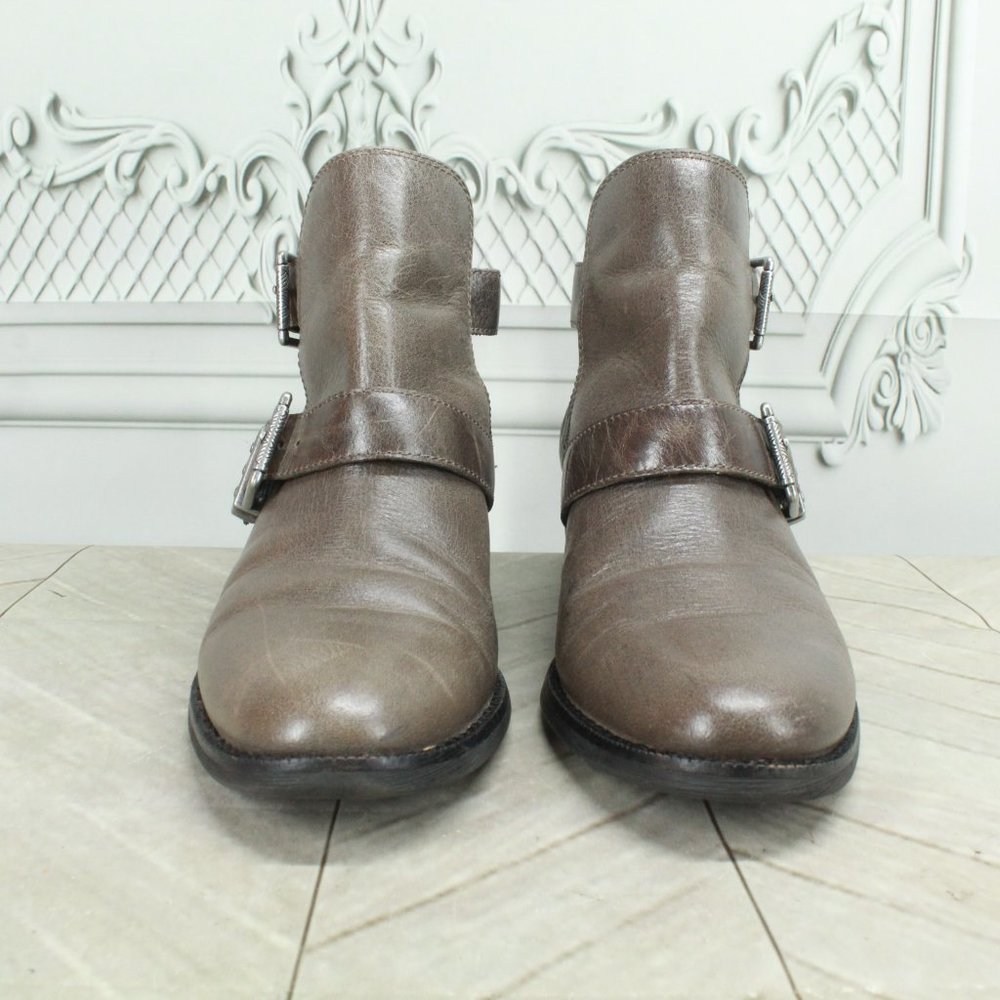 *The Sak Brown Leather Back Zipper Buckled Low Heeled Booties Size - Picture 4 of 9